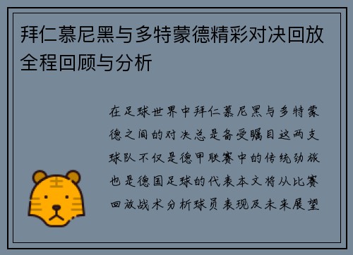 拜仁慕尼黑与多特蒙德精彩对决回放全程回顾与分析